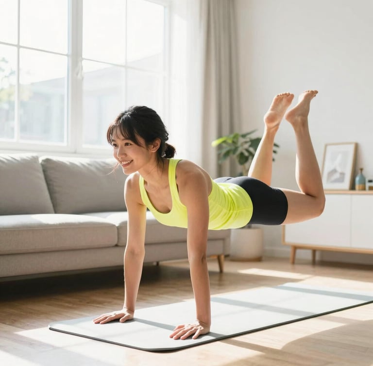 A smiling person in a bright sunlit living room doing a dynamic bodyweight workout, direct morning sunlight, high-key editorial photography