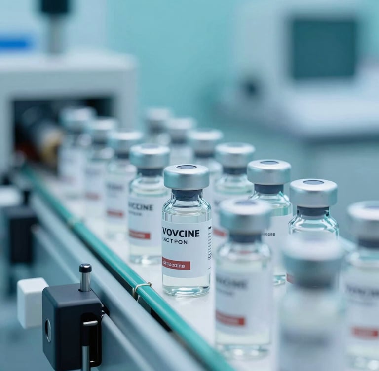 Macro clinical photograph of sealed vaccine vials on a sterile conveyor line, bright cool teal ambient lighting, high-precision laboratory environment, 50mm focus