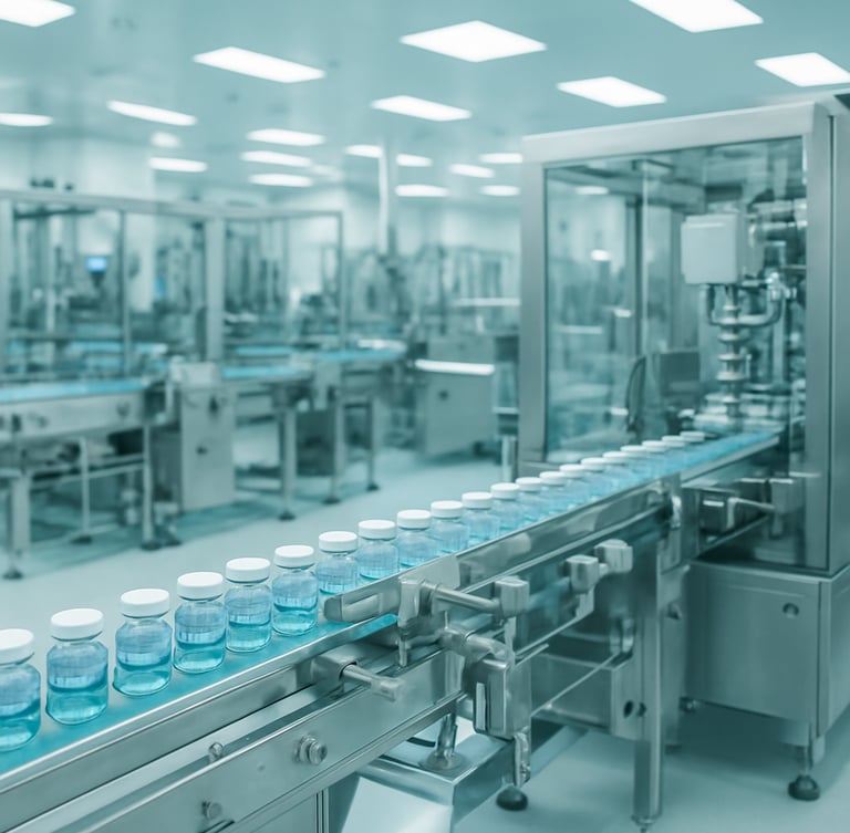 Wide-angle cleanroom facility with high-precision automated packaging lines, bright sterile white lighting with soft teal highlights