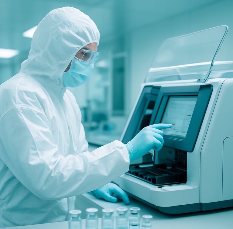 A sterile laboratory cleanroom with a scientist in protective gear operating high-precision diagnostic testing instrumentation, cool medical teal tones