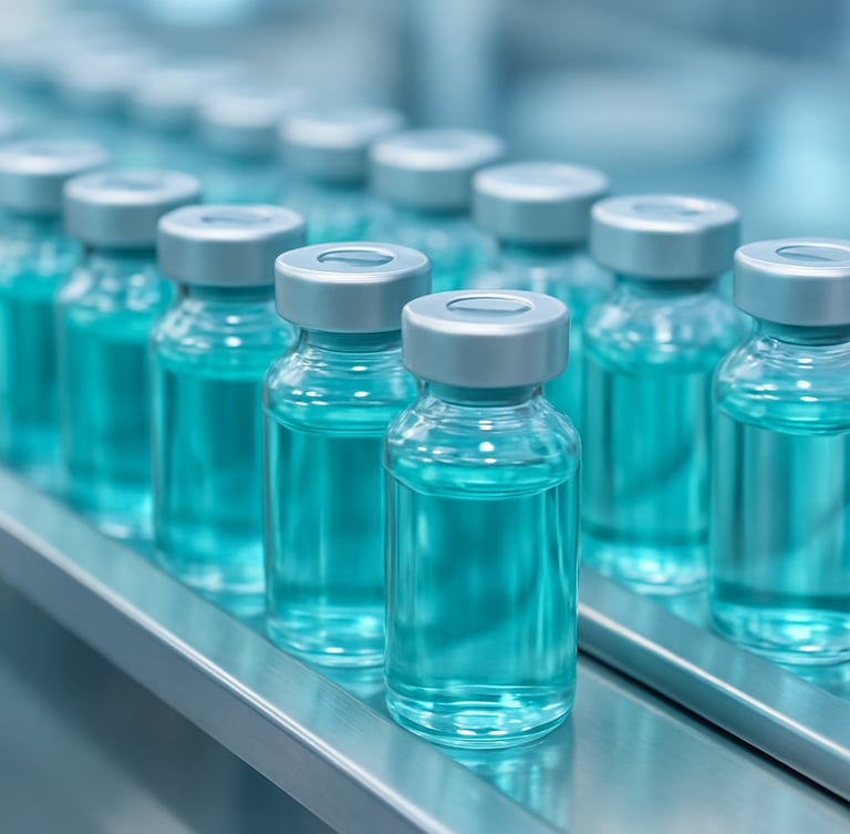 Macro photograph of sterile glass vaccine vials with teal liquid, organized on a stainless steel cleanroom assembly line, bright clinical lighting, cool blue ambient highlights, 50mm