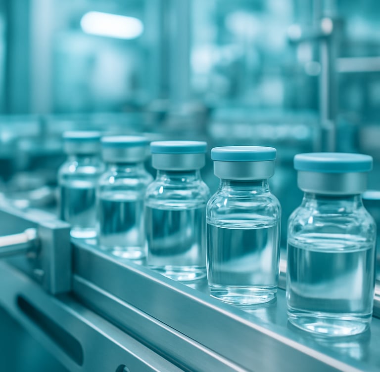 Macro focus on sterile pharmaceutical packaging line with clean clinical lighting, blue and teal ambient tones, high-precision manufacturing environment, 50mm