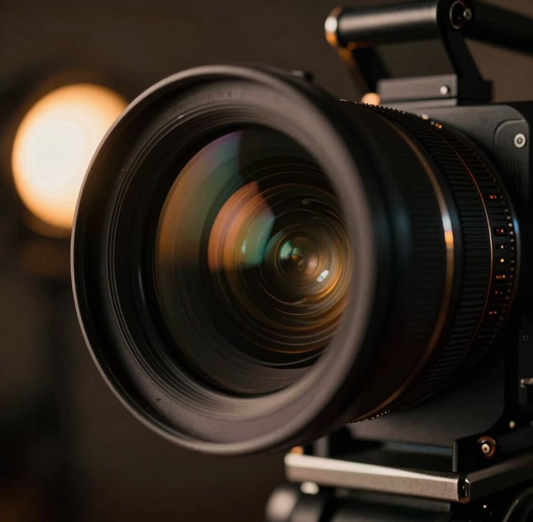 Extreme close-up of a high-end cinema camera lens rig with anamorphic lens flares, moody chiaroscuro lighting, electric amber practical lights in the background, 35mm film photography