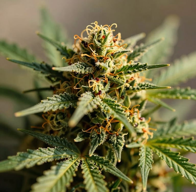 Macro close-up of rich green cannabis flower showing natural golden trichomes and amber pistils, soft afternoon sunlight, shallow depth of field.
