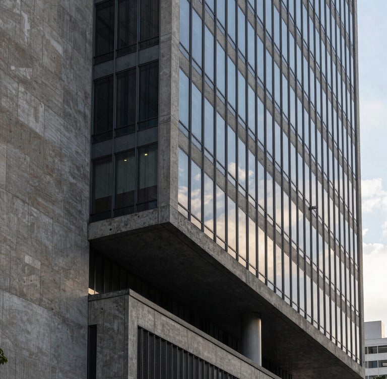 Geometric architectural crop of a modern concrete and glass corporate headquarters in São Paulo, sharp shadows, cool diffused morning light, minimalist composition.