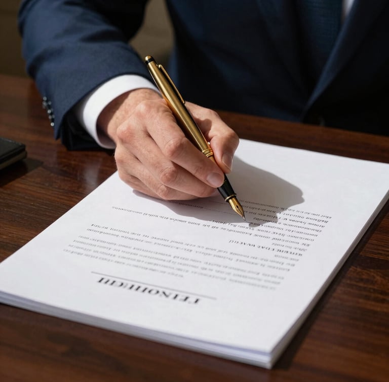 Close-up of a hand signing a legal document with a gold fountain pen, on a dark polished wood table, dramatic side lighting, sharp shadows, corporate navy and gold tones, 35mm lens.