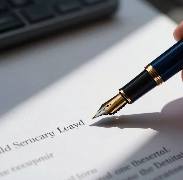 Extreme close-up of a fountain pen signing a legal document on high-end corporate stationery, dramatic architectural light, deep shadows, corporate navy and gold tones, 35mm lens