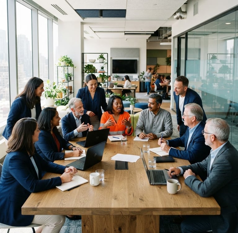Wide shot of diverse corporate team collaborating with community leaders in a modern, sunlit office, high-contrast, professional 35mm.