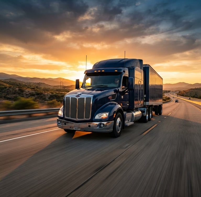 Low-angle cinematic shot of a modern dark blue semi-truck driving on a wide California highway at sunset, dramatic golden hour light, blurred motion