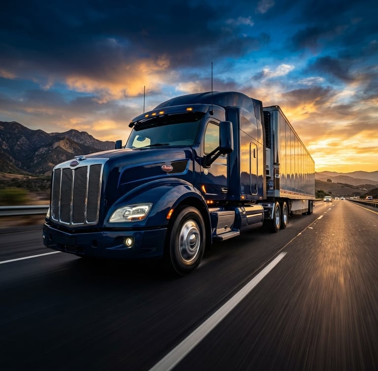 Dynamic low-angle shot of a modern semi-truck driving on a California highway at golden hour, cinematic lighting, deep navy and electric blue tones, wide-angle lens