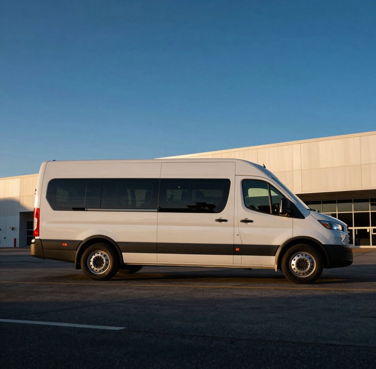 Side profile of a clean modern commercial transport fleet vehicle parked under dramatic twilight lighting at a high-tech logistics hub in North Hollywood
