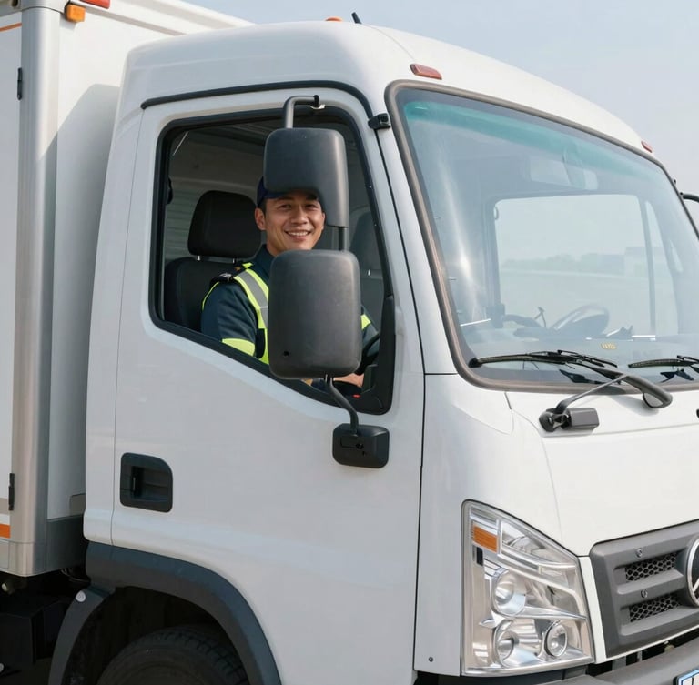 Close-up portrait of a professional uniformed driver smiling next to a modern clean delivery truck, bright morning daylight, high-contrast realistic photography.