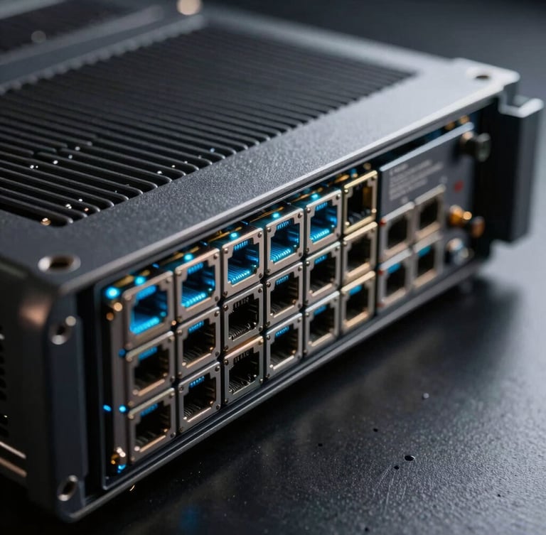 Extreme close-up of a server blade with glowing cyan ports, dark metallic textures, minimal high-contrast lighting.