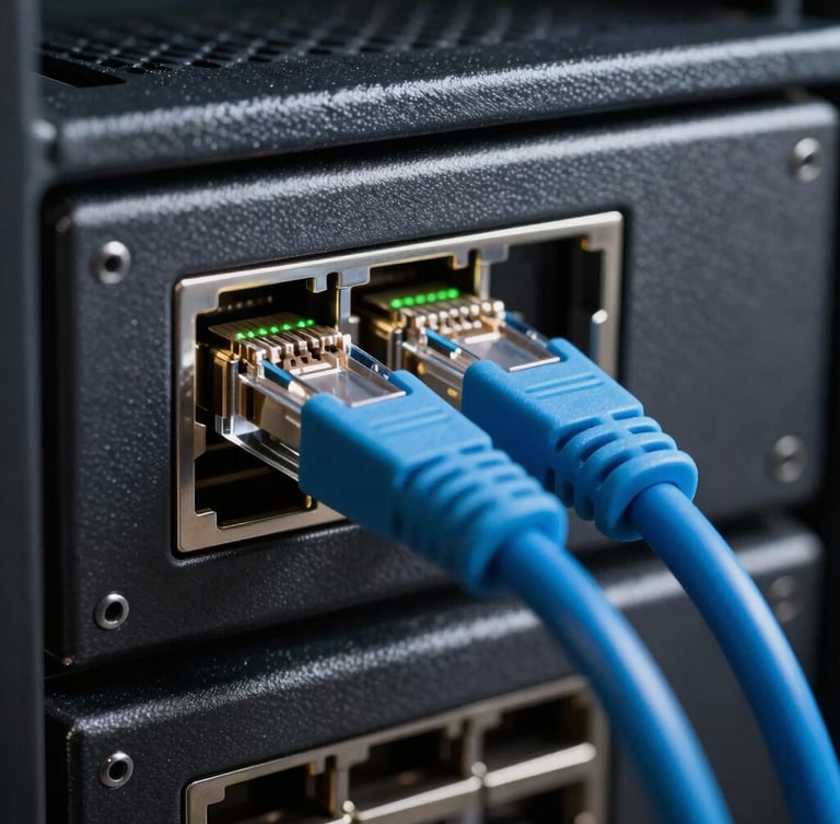Extreme close-up of a high-security server rack port with a cyan ethernet cable plugged in, subtle green status light flashing, dark metallic textures.