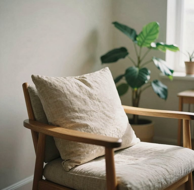 Warm editorial photography of a softly lit therapy office, natural oak chair, linen pillows, a leafy green plant in the corner, diffused morning light, shallow depth of field, 35mm film
