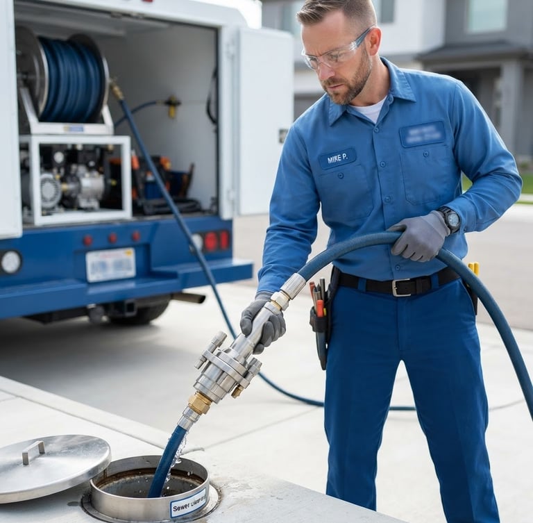 A professional plumbing technician in a clean blue uniform operating a high-pressure hydro-jetting hose. Bright daylight, crisp focus on the modern metal nozzle and clean equipment, no mess.