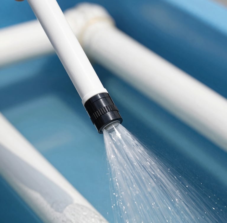 Close-up of a high-pressure hydro-jetting nozzle spraying clean water inside a pipe, bright white utility lighting, sharp focus, technical precision.