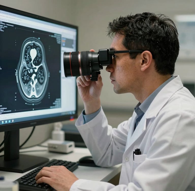 Especialista médico analizando una tomografía computarizada de alta resolución en una pantalla de diagnóstico, luz ámbar reflejada en su rostro
