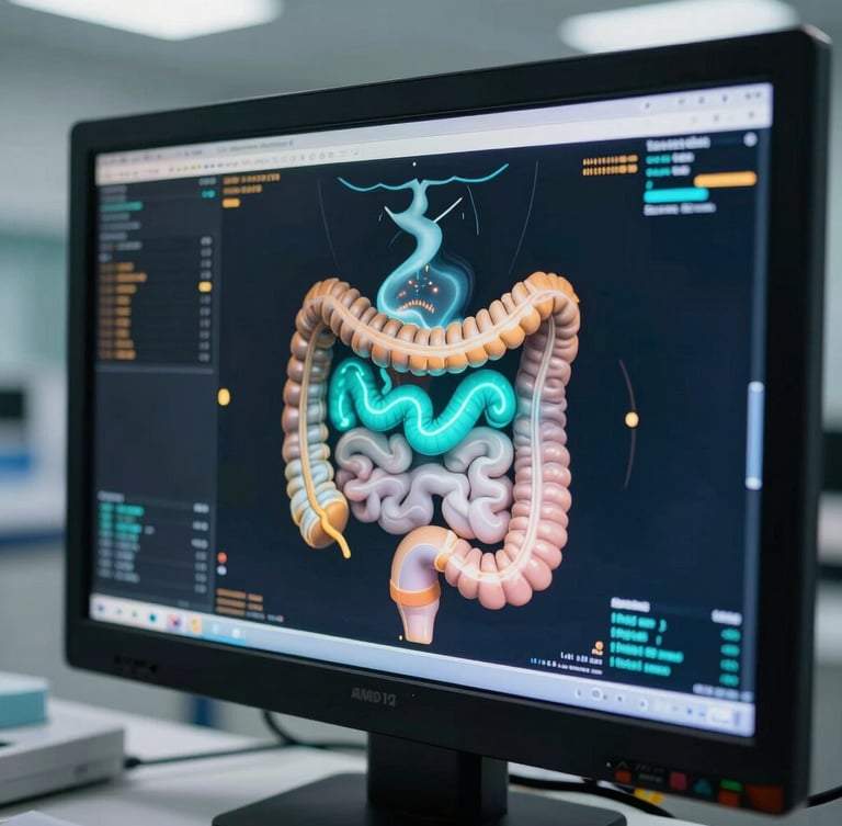 Macro view of a high-resolution diagnostic monitor displaying detailed gastrointestinal imaging, glowing sharp teal and amber interface markings, bright cool sterile clinical lighting, shallow depth of field, no people.