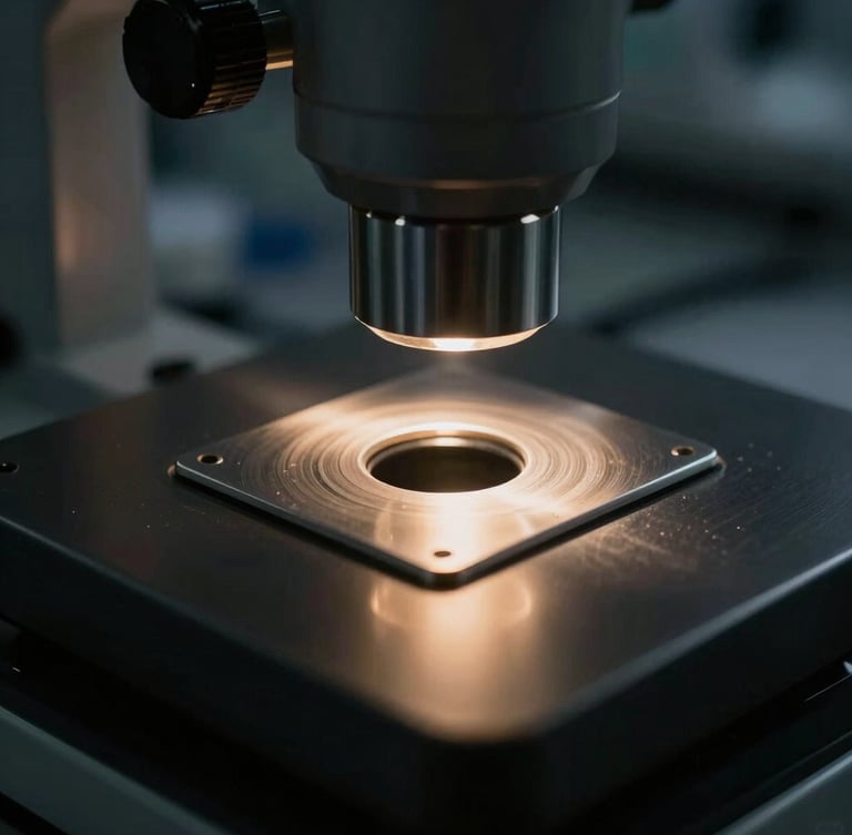 Macro close-up of laboratory assay equipment, intense directional light reflecting off brushed steel and gold surfaces, deep shadows, clinical precision.