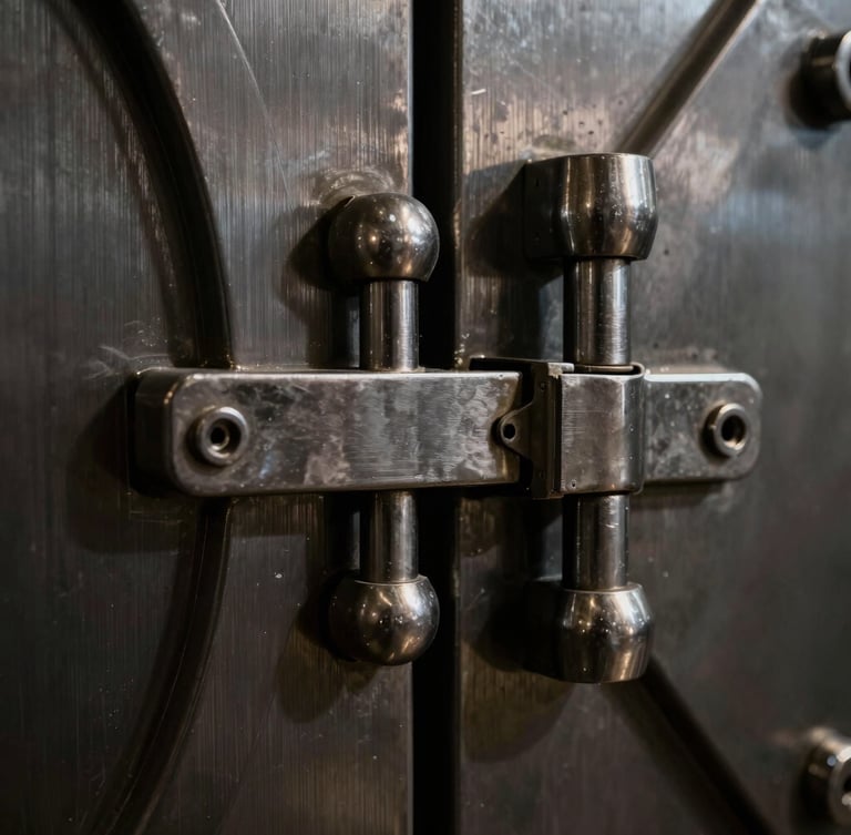 Macro close-up of a massive, heavy steel vault door hinge with brushed metal textures, dramatic low-key directional lighting, deep shadows, 35mm lens.