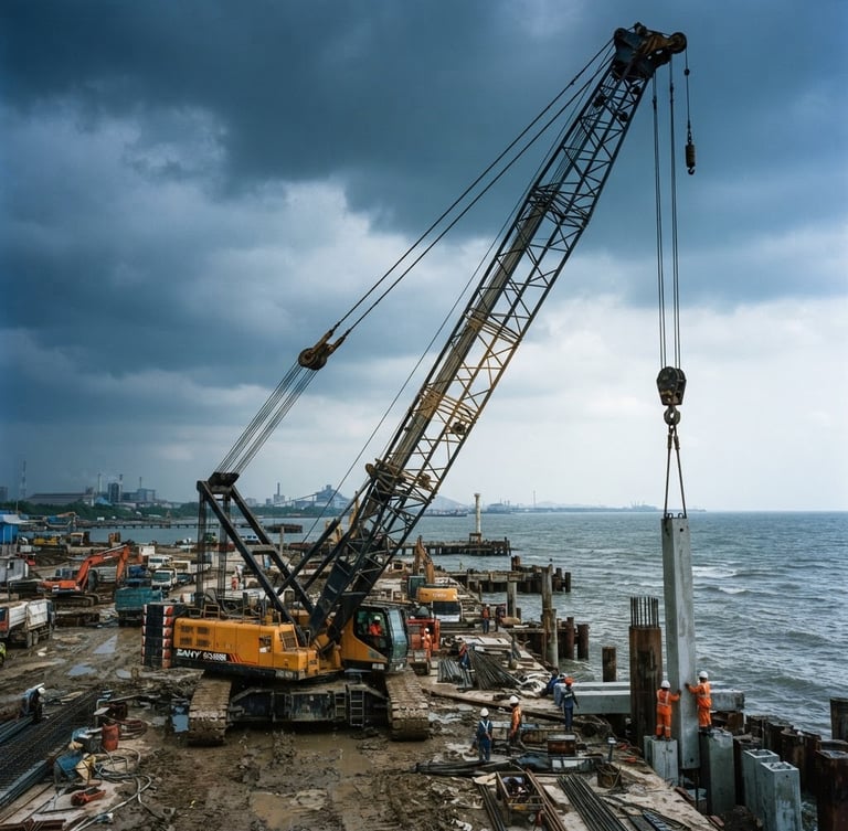 Low-angle dramatic shot of a heavy crawler crane in active operation at an Indonesian coastal infrastructure site, overcast sky, cool steel blue tones, sharp focus, 35mm