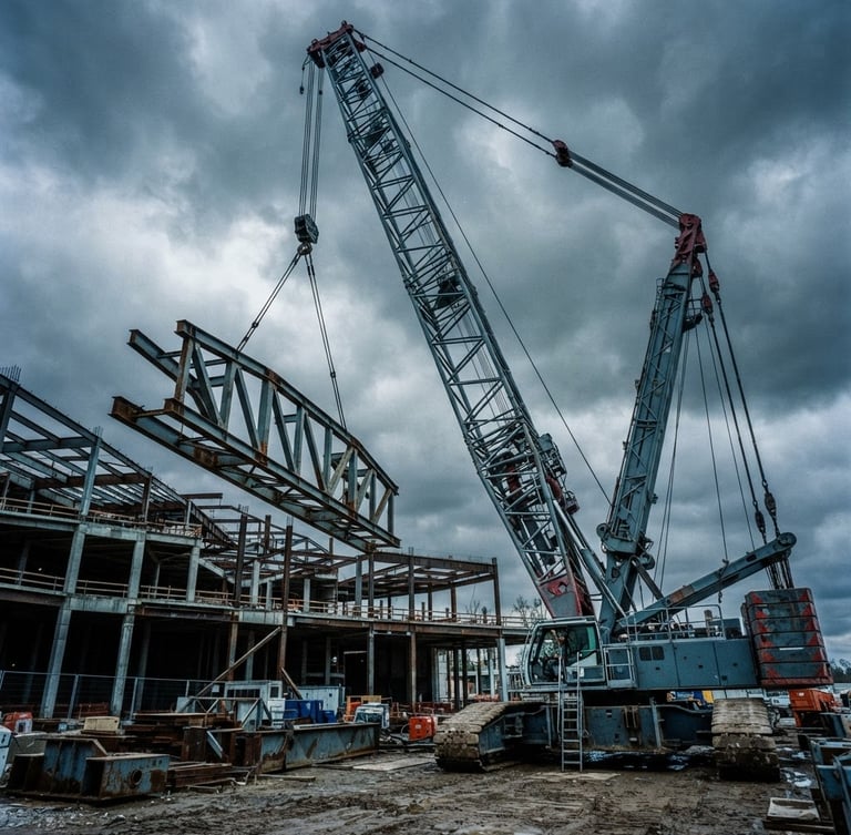 Low-angle dramatic portrait shot of a massive crawler crane lifting structural steel against an overcast sky, cool steel blue tones, 35mm.