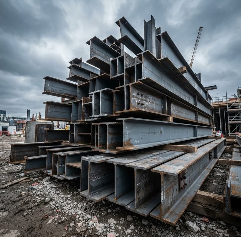 Low-angle architectural shot of raw structural steel beams stacked on a construction site, dramatic overcast daylight, cool slate tones, 35mm