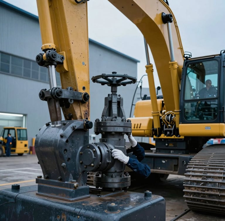 Close-up macro shot of an engineer's hands adjusting a heavy hydraulic valve on a massive yellow excavator, dramatic warehouse lighting, 35mm.