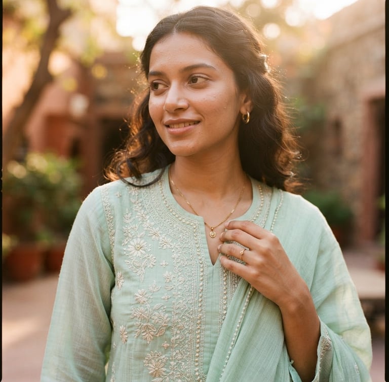 Close-up of a model wearing a delicate mint-green cotton kurta, soft golden-hour sunlight highlighting the fine hand-embroidery and light textile drape, warm editorial fashion photography.