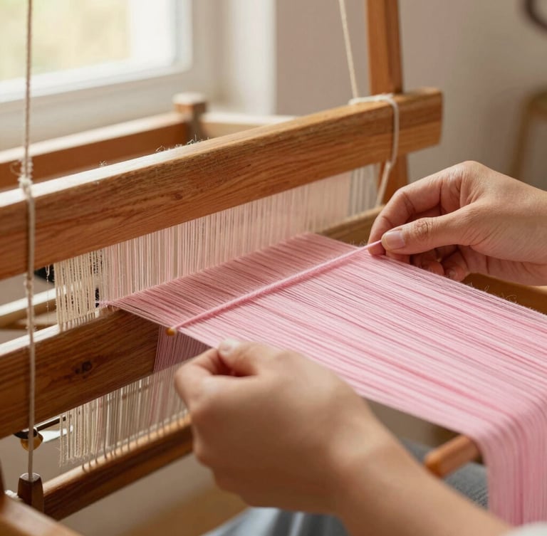 Close-up of hands weaving delicate pastel pink cotton threads on a traditional wooden loom, soft side window light, warm tones.