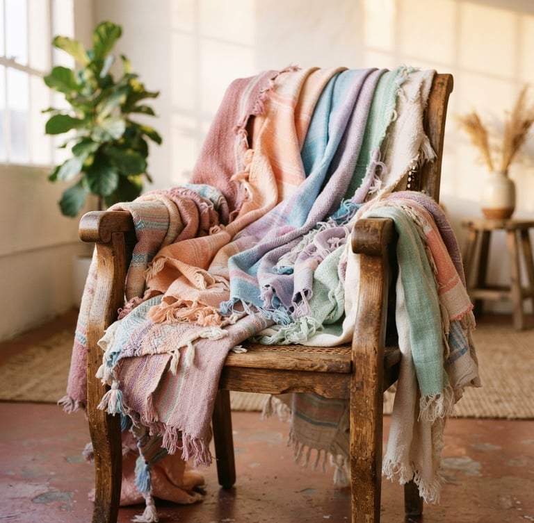 A warm, natural-light studio shot of hand-loomed pastel textiles draping over a wooden chair, soft golden hour sunlight, editorial fashion style.