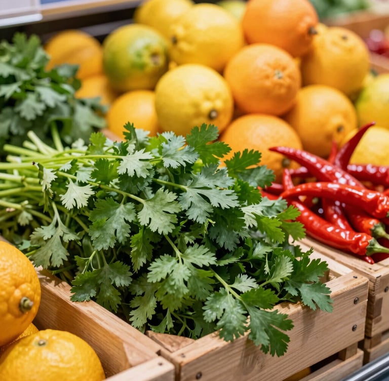 Medium close-up of vibrant fresh coriander, red chilies, and citrus fruits piled high in wooden crates under warm grocery lighting.