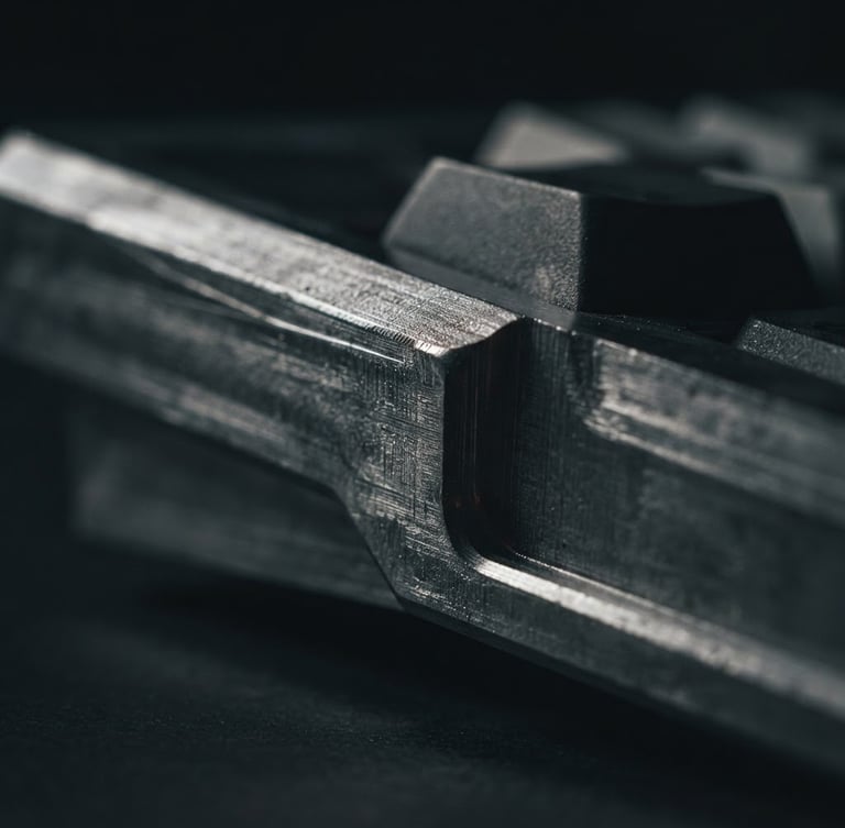 Extreme close-up macro shot of a precision-milled aluminum keyboard side profile, raw metallic texture, low-key directional side-lighting, deep charcoal shadows, sharp focus