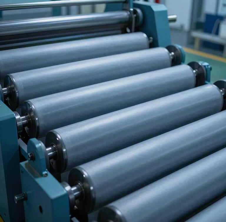 Close-up of industrial paper manufacturing rollers spinning in a clean factory environment, cool blue tones