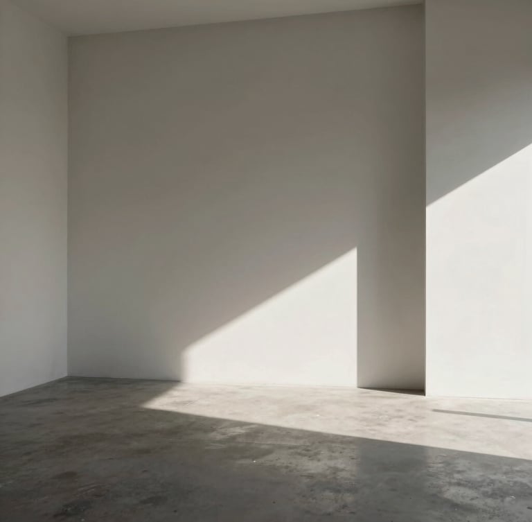 Minimalist sunlit photo studio with high-contrast architectural shadows, concrete floor, white walls, empty space, warm gray tones