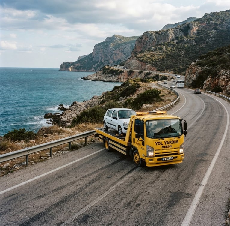 Dynamic wide shot of a modern yellow tow truck driving along the rugged Mediterranean coastal highway of Mersin, dramatic daylight, sharp focus, 35mm