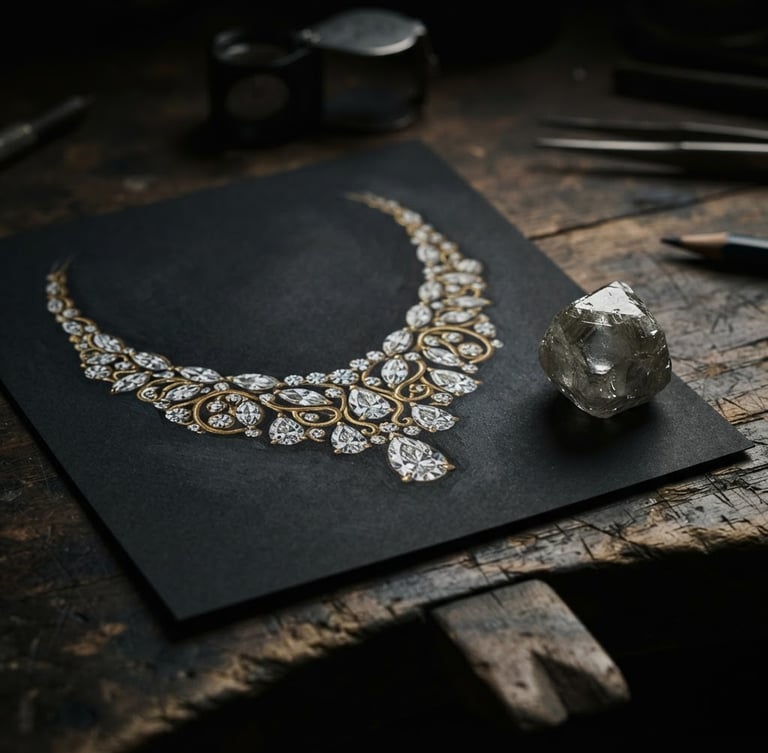 Gros plan d'un dessin gouaché de haute joaillerie, un diamant brut posé à côté, sur une table de travail en bois sombre, éclairage latéral dramatique, ambiance atelier confidentiel.