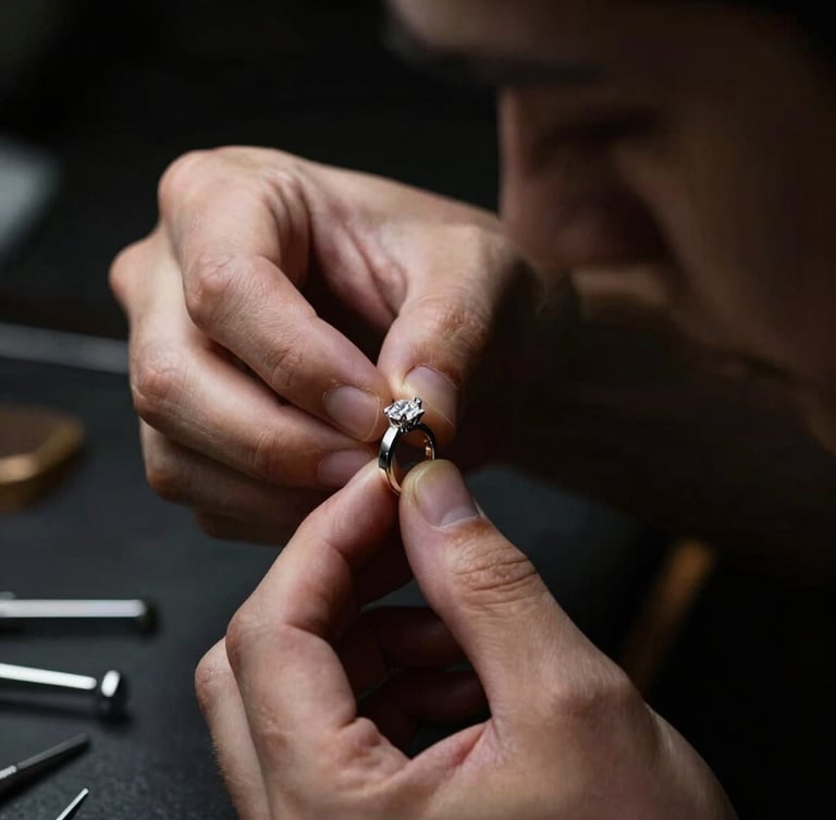 Close-up of an artisan's hands, in profile, meticulously setting a natural diamond into a precious metal ring on an workbench, dramatic side lighting, deep shadows, luxury editorial, 85mm, tools visible, off-center subject.