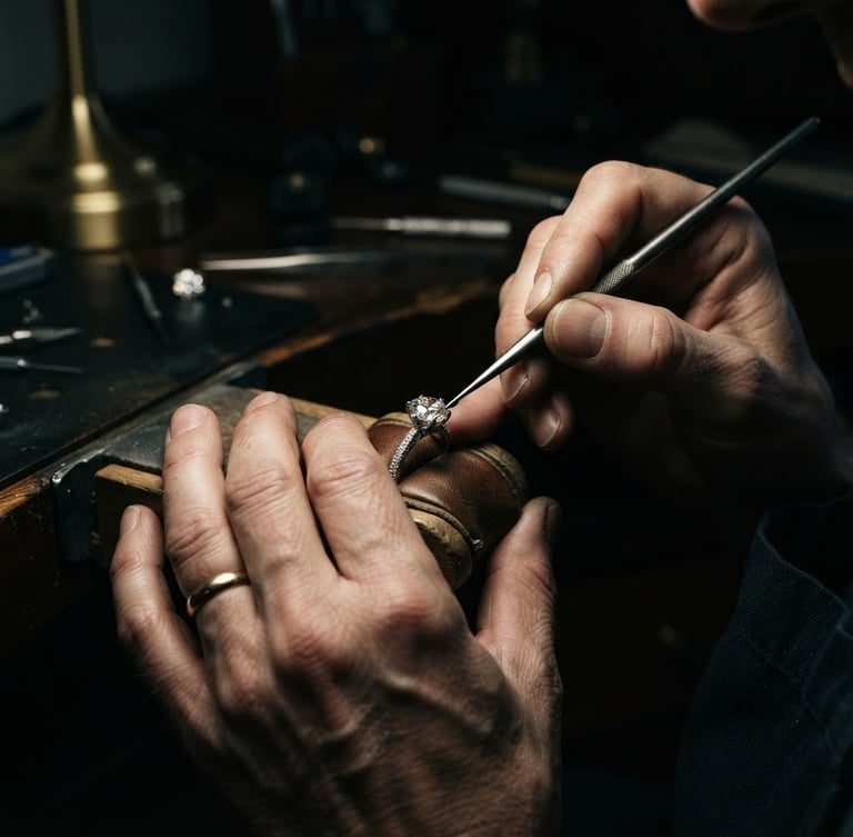 Wide shot of a master jeweler's hands meticulously setting a natural diamond in a private Geneva atelier, dramatic side lighting, deep black and champagne tones, extreme close-up, high contrast, luxury editorial, 85mm