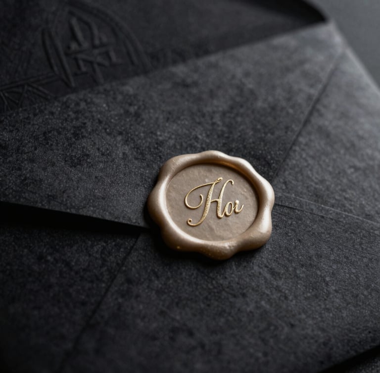 Extreme close-up of a wax-sealed invitation envelope with a subtle gold initial, dramatic side lighting, deep black and champagne tones, high contrast, luxury editorial, 85mm, discreet architectural detail in background, aspect: portrait