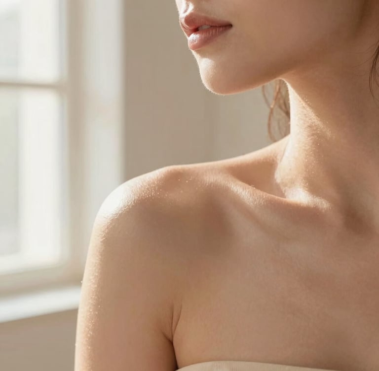 Close-up of clean, healthy skin with natural texture, soft morning window light, warm rose-quartz tones, elegant and calm