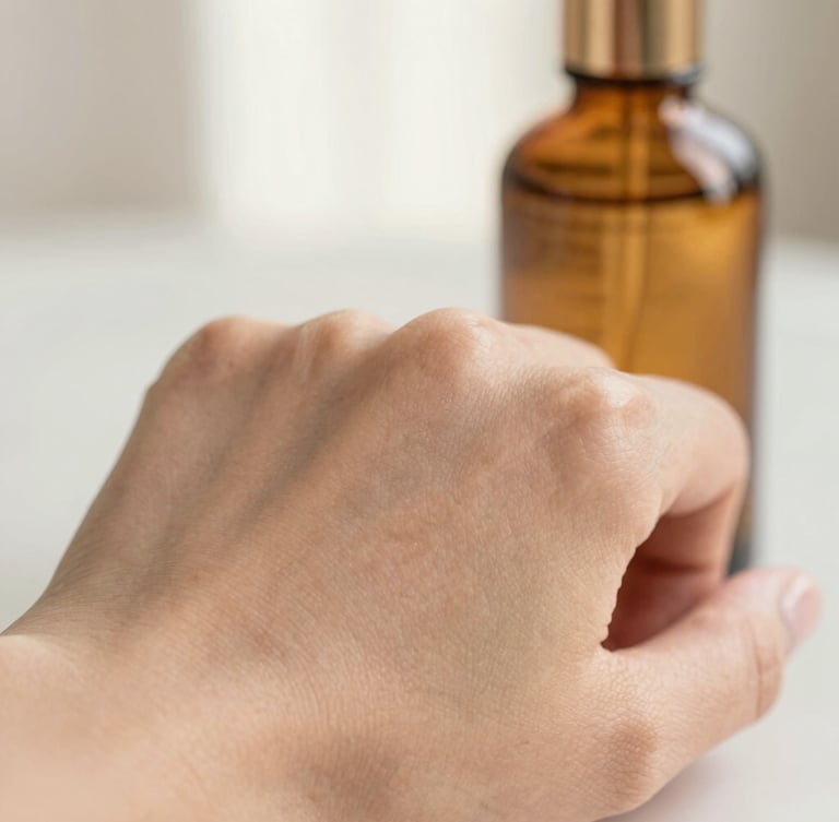 Soft close-up of clean skin with natural texture, elegant amber glass skincare bottle in the background, warm editorial photography, soft natural window light, shallow depth of field
