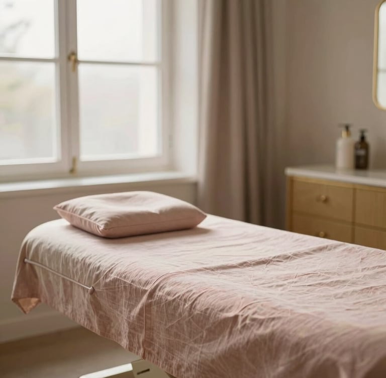 Serene treatment room with soft linen, elegant minimalist decor, warm editorial photography, soft natural window light, shallow depth of field
