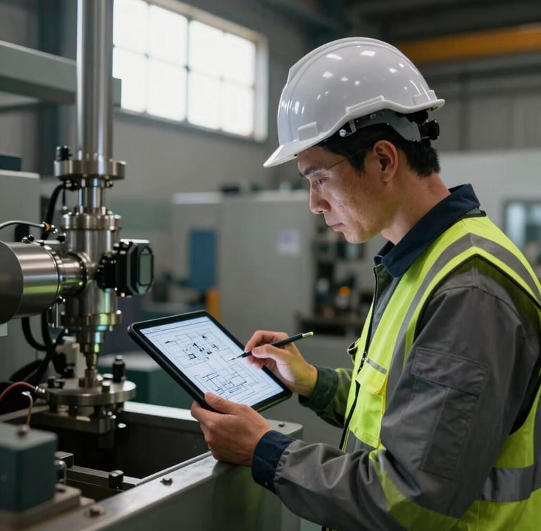 An engineer in high-visibility safety gear inspecting industrial machinery with a tablet showing technical blueprints, sharp focus.