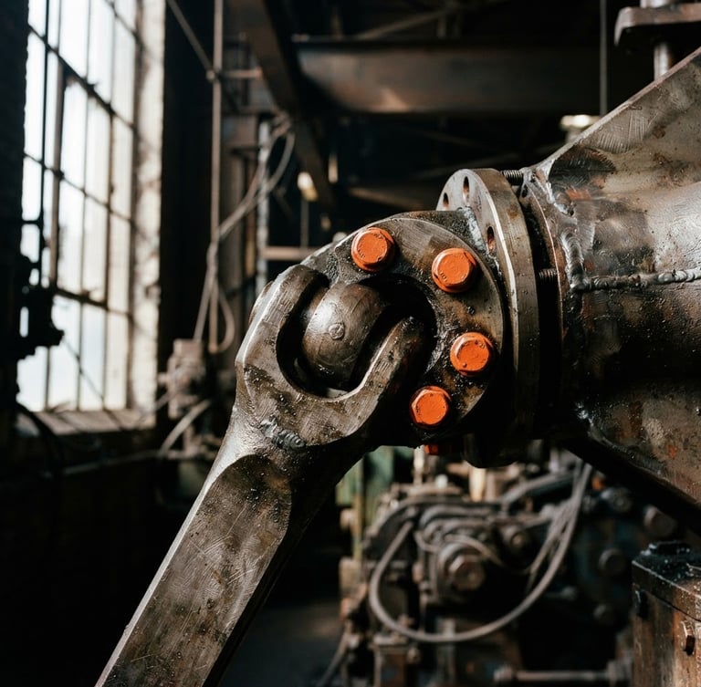 Close-up of a heavy industrial mechanical joint with safety orange bolts, dramatic factory window light, high-contrast metallic tones, sharp focus, 35mm lens