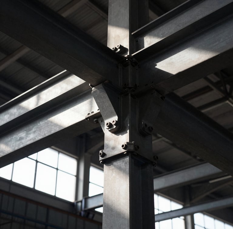 Detailed close-up of heavy mechanical joints and structural steel beams inside a factory, high-contrast industrial lighting, dramatic shadows, sharp focus, 35mm lens