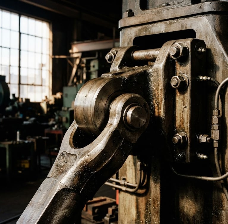 Detailed close-up of a heavy industrial mechanical joint, high-contrast metallic tones, dramatic factory window light, sharp focus, 35mm lens.