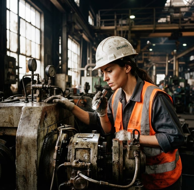 Close-up of a mechanical engineer in high-visibility safety vest and hardhat inspecting heavy industrial machinery, dramatic factory window light, high-contrast metallic tones, sharp focus, 35mm lens