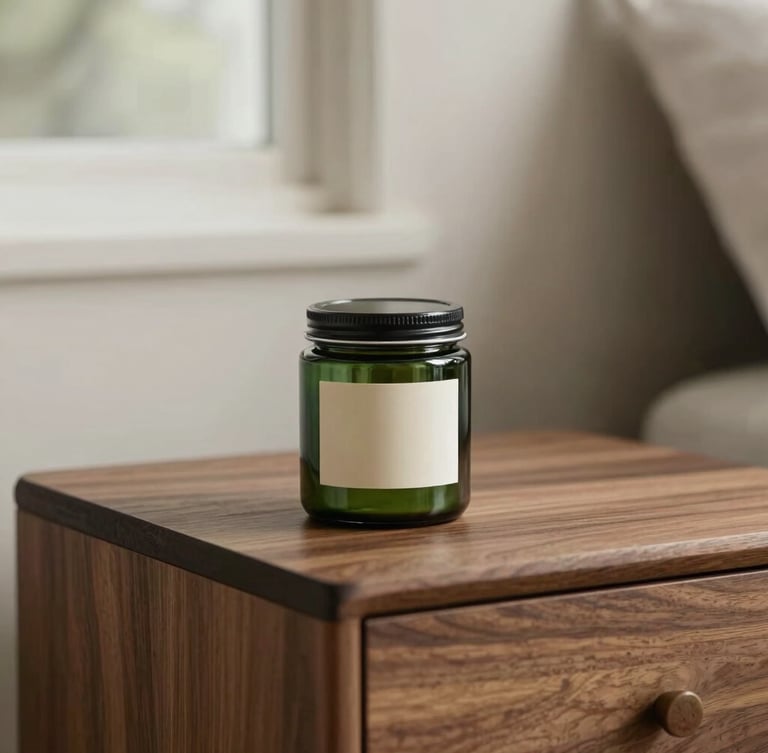 Elegant lifestyle photography of a premium dark green glass jar with a minimalist cream label sitting on a modern walnut nightstand, soft natural window light, warm muted earth tones, 35mm